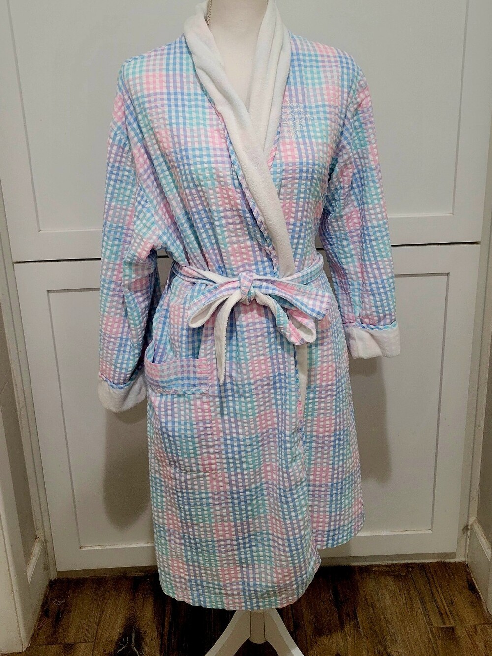 Miss Elaine Pink Blue Gingham Terry Lined Robe Cottagecore Women’s Medium